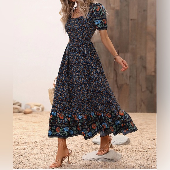 Blue Boho Ditsy Floral Print Sweetheart Neck Ruffle Hem Dress - Picture 4 of 10